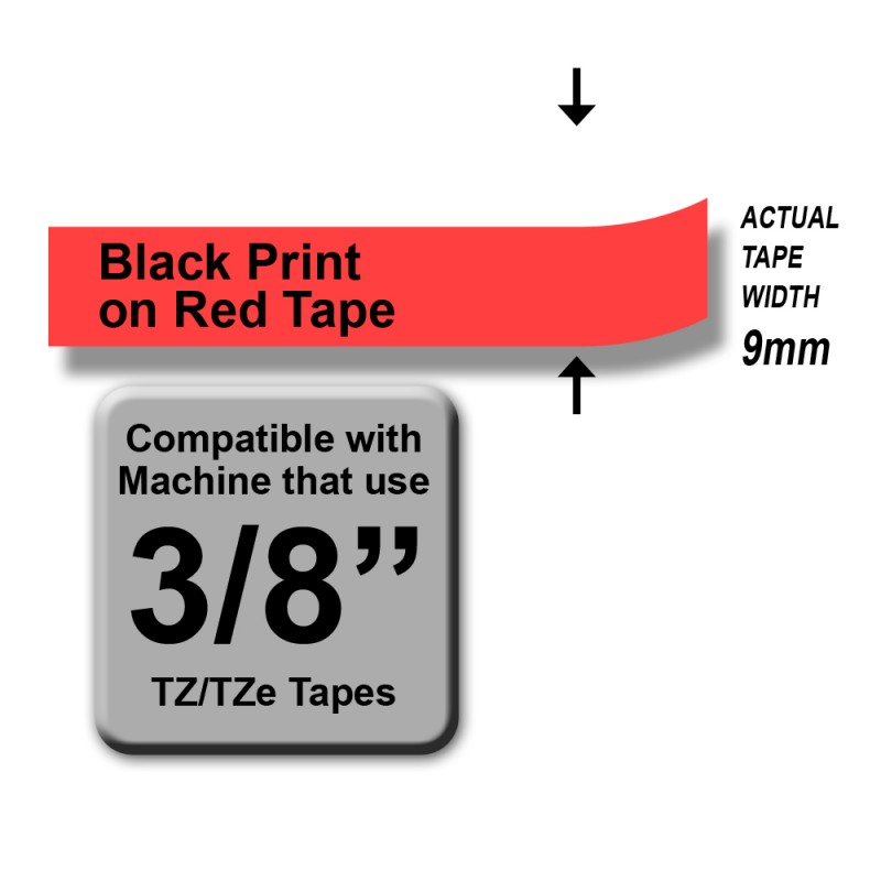 Brother TZe-421 Labelling Tape – Black on Red, 9mm wide Standard Laminated